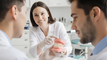 Dentist explaining dental model to two male patients in clinic setting.