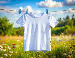 A white t-shirt hanging on a clothesline, drying in the bright sun, amidst a vibrant floral meadow