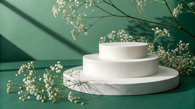 Minimalist white podium with delicate white flowers and green background - Powered by Adobe
