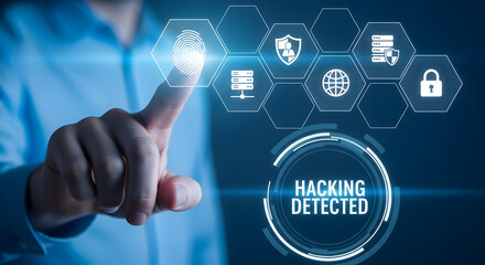 Finger touching a digital interface with cybersecurity icons and a "hacking detected" message representing data protection and threat detection in a modern technology context