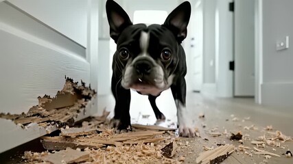 Terriers engaging in playful mischief, surrounded by wooden scraps and evoking a lighthearted concept of Boston inspired family fun, perfect for use cases such as advertising or editorial.