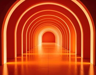 Illuminated orange arched hallway, creating a futuristic, surreal, and symmetrical perspective