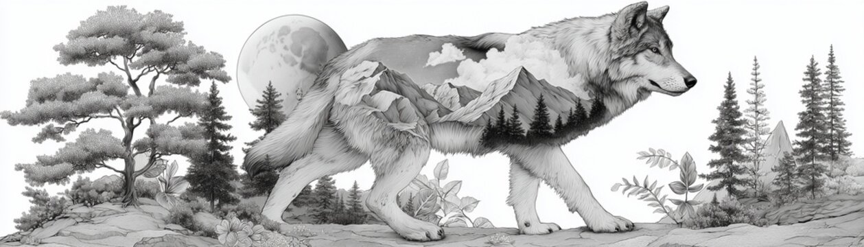 doodle line bold line for coloring practice. Double-exposure-themed wolf silhouette filled with mountains, moon, and trees in clean outline work, highly detailed 