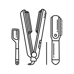Hair styling grooming tools line art set: flat iron, shaver, and precise hair trimmer