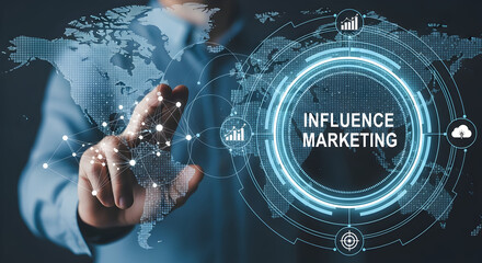Man touches influence marketing interface with world map background highlighting digital strategy and global reach for business growth and online presence today