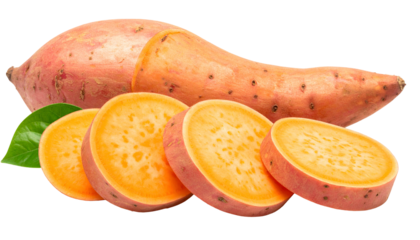 Close-up of whole and sliced orange sweet potato with green leaves