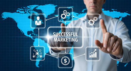 Man interacting with a digital interface displaying successful marketing concepts and global connections emphasizing business strategy and technology integration