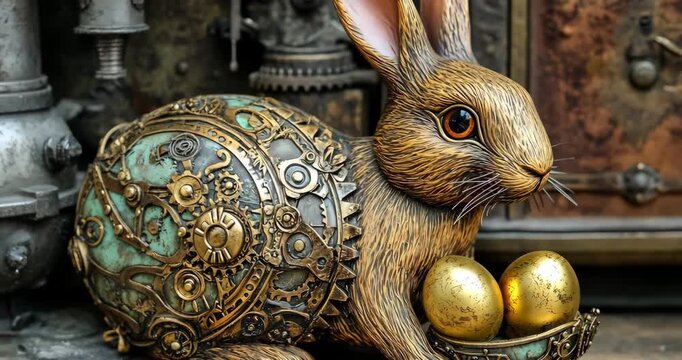 A steampunk rabbit sculpture with gears and golden eggs, showcasing intricate mechanical details and vintage aesthetics in a fantasy setting.