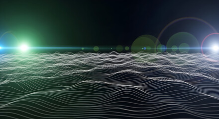 Abstract digital landscape with glowing light effects and wavy lines creating a futuristic background for technology science or design projects and presentations