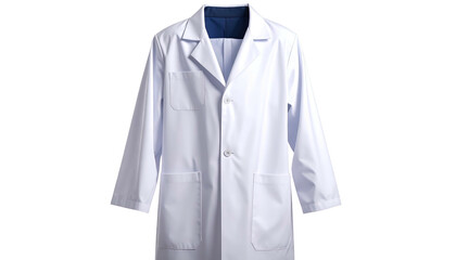 A pristine white lab coat against a deep-black background, front-facing, buttons fastened