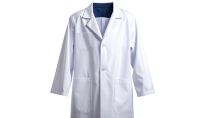 A pristine white lab coat against a deep-black background, front-facing, buttons fastened