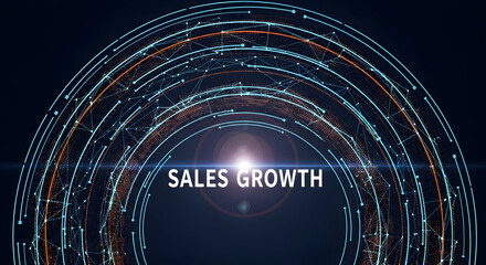 Sales growth is displayed with a futuristic technology design featuring interconnected lines and glowing elements on a dark background symbolizing progress and innovation