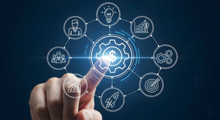 Finger touching digital interface with business icons representing strategy growth teamwork and innovation on a dark blue background for corporate solutions