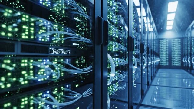 Inside a modern data center with rows of servers and fiber optics
