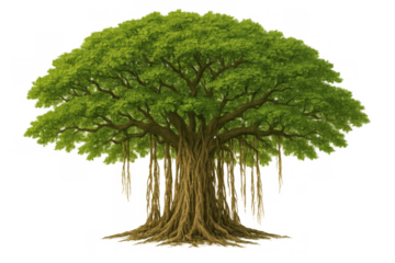 Banyan tree isolated on transparent background, showcasing dense green foliage and aerial prop roots from branches