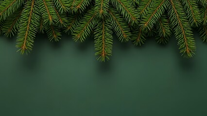 Close-up of fresh green Christmas tree branches, on a green backdrop