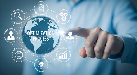 Optimization process shown with a globe and icons a hand touches the screen to activate the process for business growth and global reach in a digital world