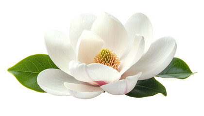 Close-up of a white, layered blossom with green leaves against a transparent background