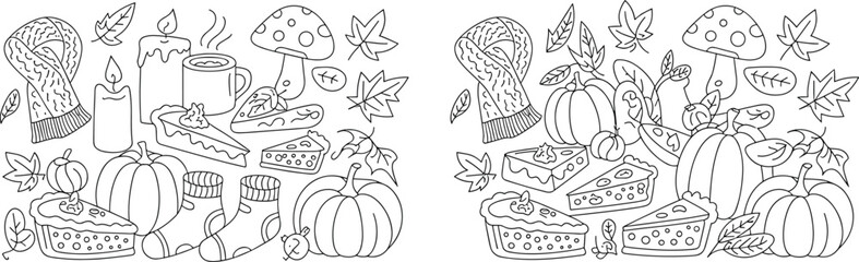 Hand Drawn Autumn and Fall Season Doodle Line Art Icons Set, Cozy Pumpkin, Hot Drinks, Maple Leaves, and Pie Outline Vector Collection