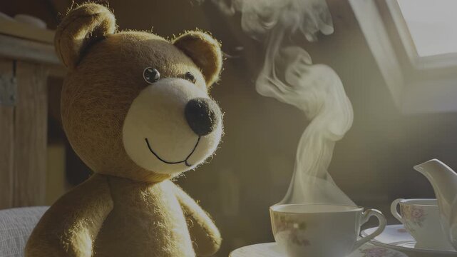 A teddy bear enjoys a hot cup of tea in a sunlit room