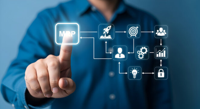 Man's finger touching a glowing MRP button activating a workflow with icons representing startup target team employee gears lightbulb graph and security lock