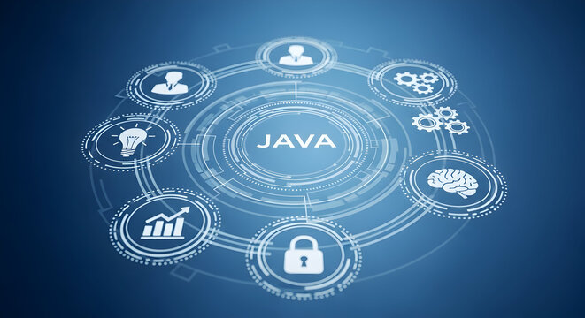 Java programming concept with icons representing business solutions security innovation analytics and development on a blue digital background for technology