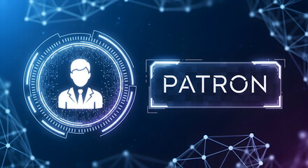 Patron concept with digital avatar and network connections representing membership support and community engagement in a modern futuristic design
