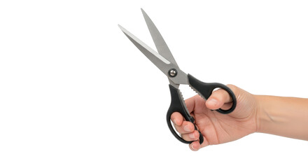 Hand holding open sharp scissors ready cutting craft paper isolated transparent background tool for tailoring sewing