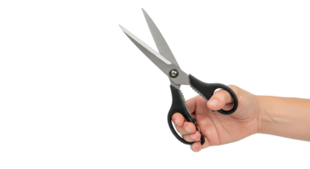 Hand holding open sharp scissors ready cutting craft paper isolated transparent background tool for tailoring sewing