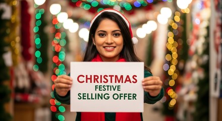 Smiling Woman Holding Christmas Festive Selling Offer Sign in Holiday Market