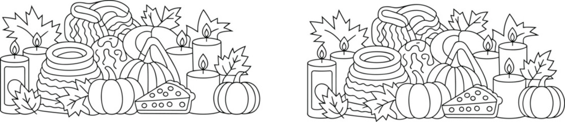 Hand Drawn Autumn Harvest and Thanksgiving Doodle Line Art Illustration, Cozy Pumpkin, Candles, and Pie Sketch Vector Border for Coloring Books and Decoration