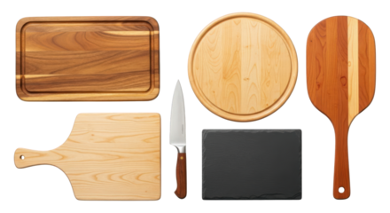 Set different wooden cutting boards with kitchen knife and slate platter isolated transparent background for culinary concepts