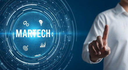 Man interacts with a digital martech interface displaying marketing technology concepts including automation analytics and strategy on a modern blue background