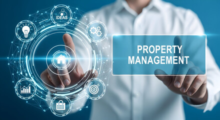 Property management professional interacts with a digital interface displaying ideas strategy and data analytics for real estate investment and business solutions