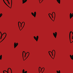 Pink heart doodle pattern. Seamless print of abstract cute hand drawn symbols, romantic holiday decoration. Vector texture.
