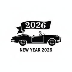 New Year 2026 Convertible Car Silhouette &ndash; Black Line Vector Illustration with Flag and Festive Typography