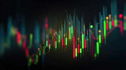 A vibrant stock market chart displaying fluctuating prices with green and red candlesticks on a dark background.