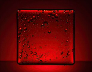 Glowing red cube with bubbles suspended inside, against a dark, gradient background