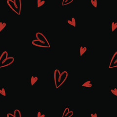 Pink heart doodle pattern. Seamless print of abstract cute hand drawn symbols, romantic holiday decoration. Vector texture.
