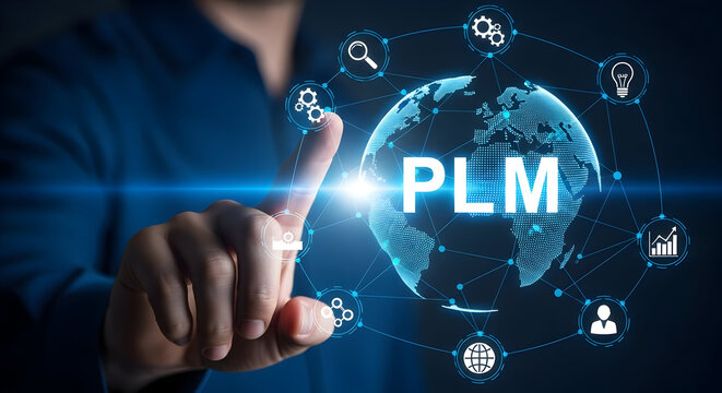 Finger touches a digital interface displaying PLM globe and icons representing business processes technology and global connectivity for product lifecycle management