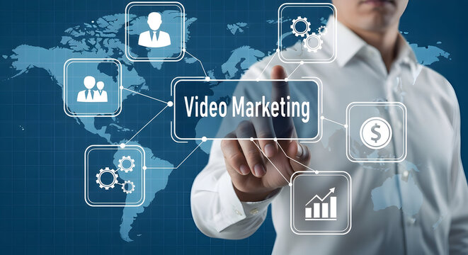 Man presents video marketing strategy on a digital interface with world map background showcasing global business connections and growth opportunities in the digital age