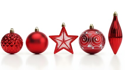 Festive Christmas ornaments in vibrant red, reflecting holiday spirit and decorative charm. A diverse array of shapes and designs adds visual interest and celebratory flair.