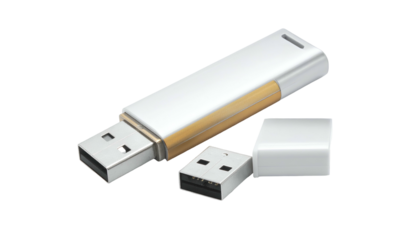Metallic USB flash drive with cap positioned next to the port and on the side