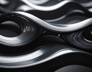 Metallic, flowing, abstract forms create a dynamic, grayscale composition