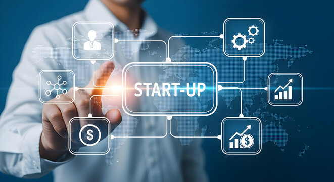 Man interacts with a digital interface for startup business growth showing global connections financial investment and team collaboration for successful ventures online. - Powered by Adobe