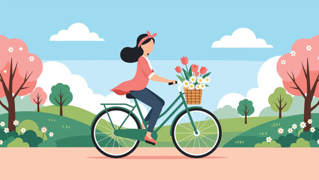 Flat modern portrait of a stylish woman riding a spring bicycle with flower basket while wearing headband and pastel outfit. Ideal for lifestyle, travel, and spring fashion design