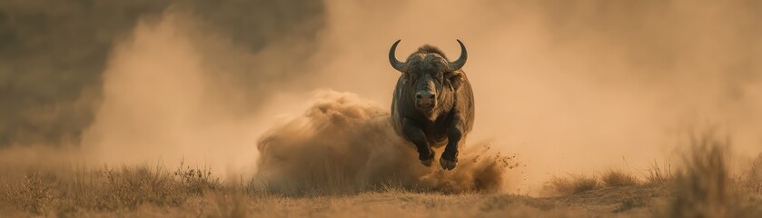 Obraz premium A powerful buffalo charges through a dusty landscape, showcasing its strength and determination amid a hazy backdrop.
