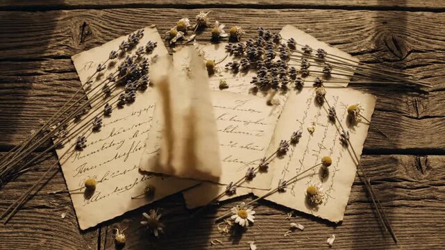 Vintage Love Letter on Wooden Table with Dried Flowers