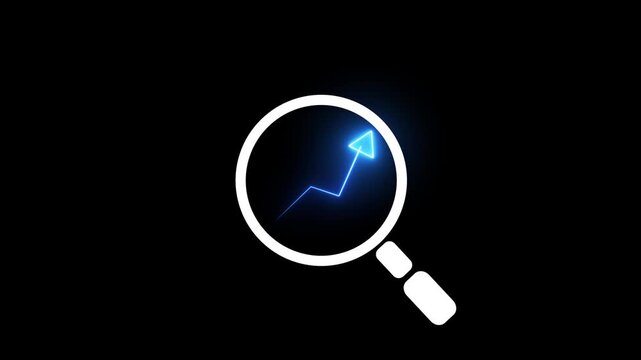 A black and white vector-style magnifying glass with a bar chart and upward arrow inside, symbolizing business growth, financial analysis, data analytics, market research, and investment