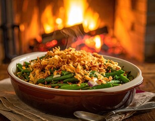 Steaming green bean casserole in a brown dish sits on a napkin with a blurred fireplace background